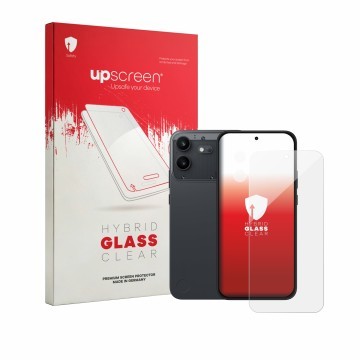 Parte frontal de un envase de producto con el logotipo de la marca upscreen. Al lado se muestra el dispositivo Nothing Phone (