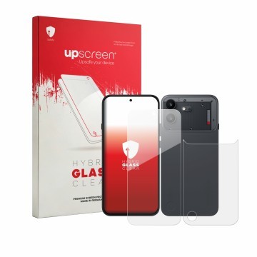 Parte frontal de un envase de producto con el logotipo de la marca upscreen. Al lado se muestra el dispositivo Nothing Phone (