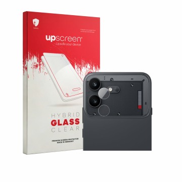 Vorderseite einer Produktverpackung mit dem Markenlogo upscreen. Daneben ist das Gerät Nothing Phone (4b) (NUR Kameraschutz) m