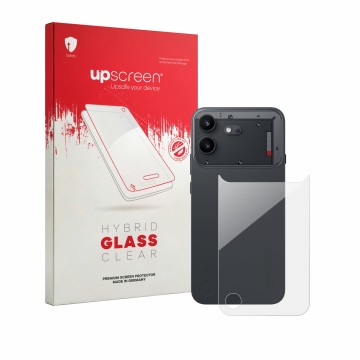 Parte frontal de un envase de producto con el logotipo de la marca upscreen. Al lado se muestra el dispositivo Nothing Phone (