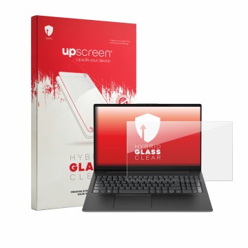 Vorderseite einer Produktverpackung mit dem Markenlogo upscreen. Daneben ist das Gerät Lenovo V15 7915 mit dem zugehörigen Dis