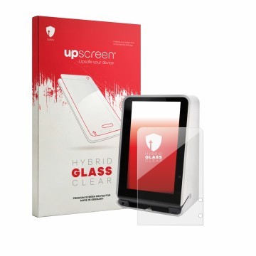 Parte frontal de un envase de producto con el logotipo de la marca upscreen. Al lado se muestra el dispositivo SENVEND UX700 c