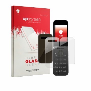 Vorderseite einer Produktverpackung mit dem Markenlogo upscreen. Daneben ist das Gerät HMD 2660 Flip 4G (Display+Rückseite) mi