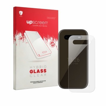 Vorderseite einer Produktverpackung mit dem Markenlogo upscreen. Daneben ist das Gerät HMD 2660 Flip 4G (Rückseite) mit dem zu
