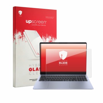 Parte frontale di una confezione del prodotto con il logo del marchio upscreen. Accanto è raffigurato il dispositivo Dell 16S 