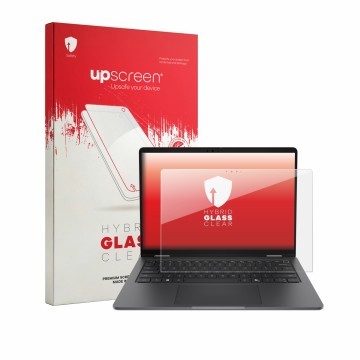 Parte frontale di una confezione del prodotto con il logo del marchio upscreen. Accanto è raffigurato il dispositivo Dell Pro 
