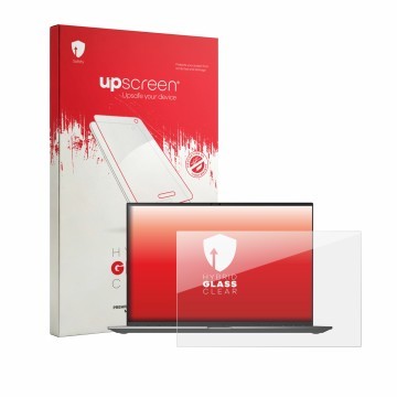 Parte frontal de un envase de producto con el logotipo de la marca upscreen. Al lado se muestra el dispositivo LG gram 16Z90TL