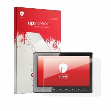 Face avant d’un emballage produit avec le logo de la marque upscreen. À côté, l’appareil Zenec Z-N975 est représenté avec la p