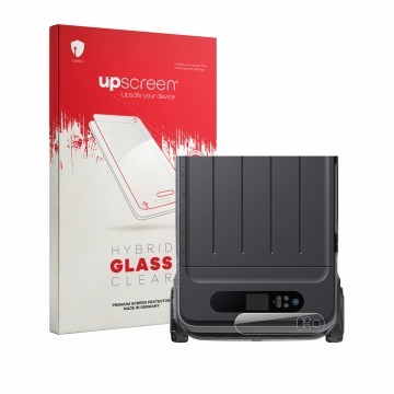 Parte frontal de un envase de producto con el logotipo de la marca upscreen. Al lado se muestra el dispositivo Anker SOLIX Eve