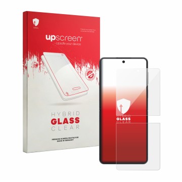 Vorderseite einer Produktverpackung mit dem Markenlogo upscreen. Daneben ist das Gerät Samsung Galaxy Z Flip 8 mit dem zugehör