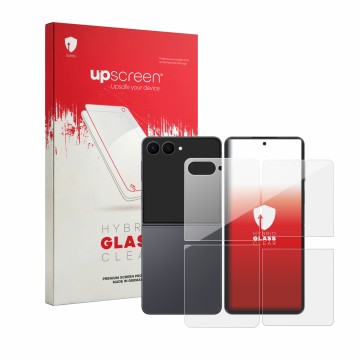 Vorderseite einer Produktverpackung mit dem Markenlogo upscreen. Daneben ist das Gerät Samsung Galaxy Z Flip 8 (Display+Rückse