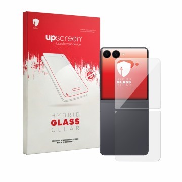 Vorderseite einer Produktverpackung mit dem Markenlogo upscreen. Daneben ist das Gerät Samsung Galaxy Z Flip 8 (Rückseite) mit