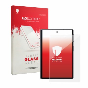 Vorderseite einer Produktverpackung mit dem Markenlogo upscreen. Daneben ist das Gerät Samsung Galaxy Z Fold 8 mit dem zugehör