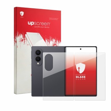Vorderseite einer Produktverpackung mit dem Markenlogo upscreen. Daneben ist das Gerät Samsung Galaxy Z Fold 8 (Display+Rückse