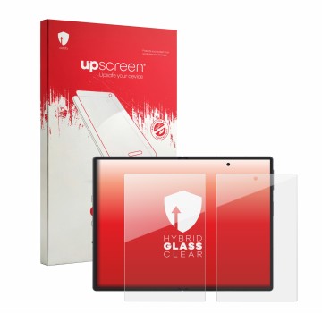 Vorderseite einer Produktverpackung mit dem Markenlogo upscreen. Daneben ist das Gerät Samsung Galaxy Z Fold 8 (Inneres Displa