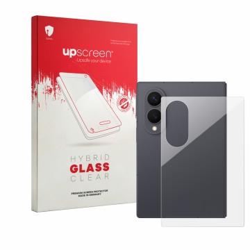 Vorderseite einer Produktverpackung mit dem Markenlogo upscreen. Daneben ist das Gerät Samsung Galaxy Z Fold 8 (Rückseite) mit