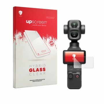 Vorderseite einer Produktverpackung mit dem Markenlogo upscreen. Daneben ist das Gerät DJI Osmo Pocket 4P mit dem zugehörigen 