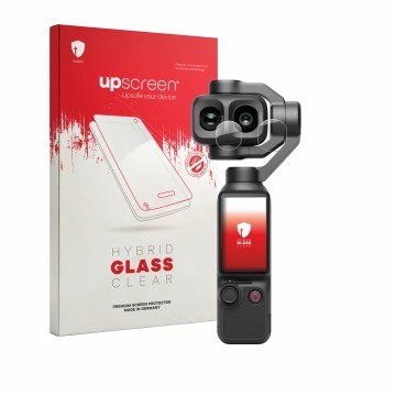 Parte frontal de un envase de producto con el logotipo de la marca upscreen. Al lado se muestra el dispositivo DJI Osmo Pocket