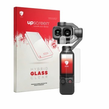 Vorderseite einer Produktverpackung mit dem Markenlogo upscreen. Daneben ist das Gerät DJI Osmo Pocket 4P (Display + Linse) mi
