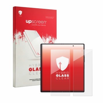 Parte frontale di una confezione del prodotto con il logo del marchio upscreen. Accanto è raffigurato il dispositivo Samsung G
