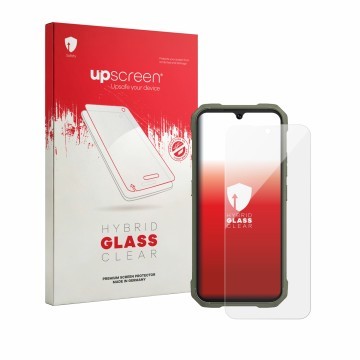 Parte frontale di una confezione del prodotto con il logo del marchio upscreen. Accanto è raffigurato il dispositivo Cubot Kin