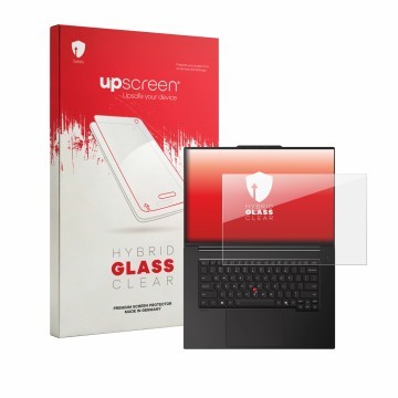 Vorderseite einer Produktverpackung mit dem Markenlogo upscreen. Daneben ist das Gerät Lenovo ThinkPad P1 Gen 9 16