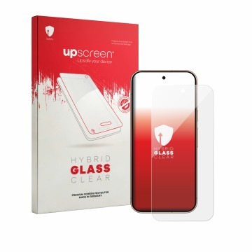 Parte frontal de un envase de producto con el logotipo de la marca upscreen. Al lado se muestra el dispositivo Google Pixel 11