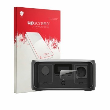 Face avant d’un emballage produit avec le logo de la marque upscreen. À côté, l’appareil EcoFlow River 3 est représenté avec l