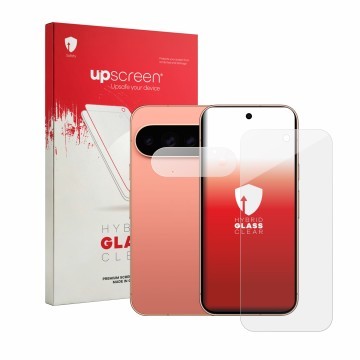 Vorderseite einer Produktverpackung mit dem Markenlogo upscreen. Daneben ist das Gerät Google Pixel 11 Pro (Display+Kamera) mi