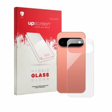 Parte frontal de un envase de producto con el logotipo de la marca upscreen. Al lado se muestra el dispositivo Google Pixel 11