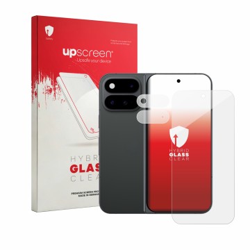 Vorderseite einer Produktverpackung mit dem Markenlogo upscreen. Daneben ist das Gerät Google Pixel 11 Pro Fold (Display+Kamer