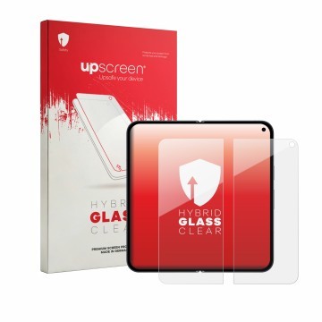 Vorderseite einer Produktverpackung mit dem Markenlogo upscreen. Daneben ist das Gerät Google Pixel 11 Pro Fold (Inneres Displ