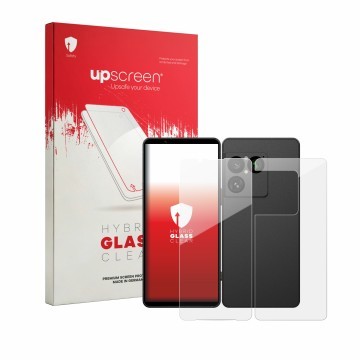 Parte frontal de un envase de producto con el logotipo de la marca upscreen. Al lado se muestra el dispositivo Sony Xperia 1 V