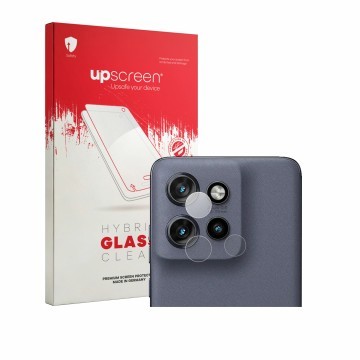 Parte frontal de un envase de producto con el logotipo de la marca upscreen. Al lado se muestra el dispositivo Motorola Edge 6