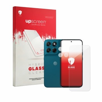 Parte frontal de un envase de producto con el logotipo de la marca upscreen. Al lado se muestra el dispositivo Motorola Moto G