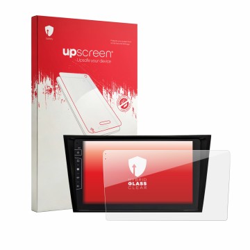 Face avant d’un emballage produit avec le logo de la marque upscreen. À côté, l’appareil Dynavin D10-W211 Premium est représen
