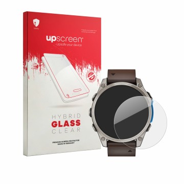 Face avant d’un emballage produit avec le logo de la marque upscreen. À côté, l’appareil Garmin D2 Mach 2 (47 mm) est représen