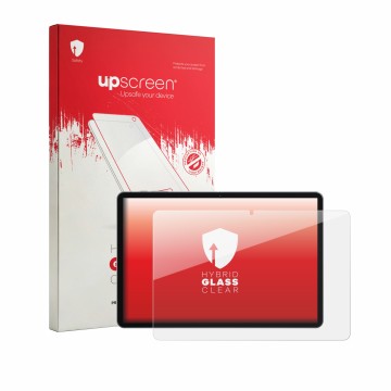 Parte frontal de un envase de producto con el logotipo de la marca upscreen. Al lado se muestra el dispositivo SVITOO TAB P10 