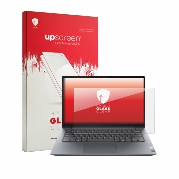 Parte frontale di una confezione del prodotto con il logo del marchio upscreen. Accanto è raffigurato il dispositivo Lenovo V1