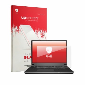 Vorderseite einer Produktverpackung mit dem Markenlogo upscreen. Daneben ist das Gerät Schenker KEY 18 Pro E25 mit dem zugehör