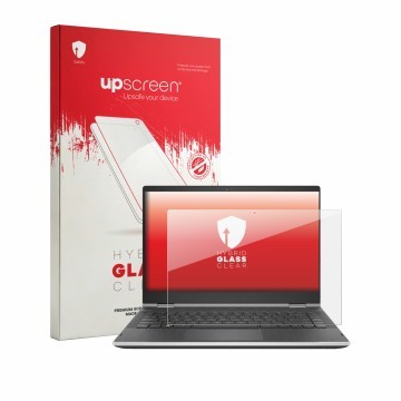 Parte frontale di una confezione del prodotto con il logo del marchio upscreen. Accanto è raffigurato il dispositivo HP Pavili