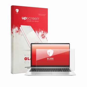 Parte frontal de un envase de producto con el logotipo de la marca upscreen. Al lado se muestra el dispositivo HP ProBook 455 
