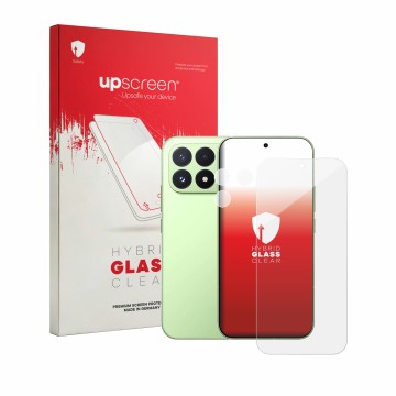 Face avant d’un emballage produit avec le logo de la marque upscreen. À côté, l’appareil Xiaomi Poco F9 Pro (Avant+Caméra) est