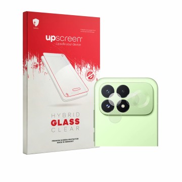 Face avant d’un emballage produit avec le logo de la marque upscreen. À côté, l’appareil Xiaomi Poco F9 Pro (Caméra UNIQUEMENT