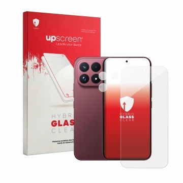 Parte frontal de un envase de producto con el logotipo de la marca upscreen. Al lado se muestra el dispositivo Xiaomi Poco F9 