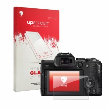 Vorderseite einer Produktverpackung mit dem Markenlogo upscreen. Daneben ist das Gerät Canon EOS R8 Mark II mit dem zugehörige