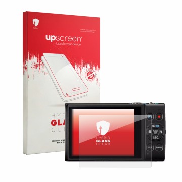 Vorderseite einer Produktverpackung mit dem Markenlogo upscreen. Daneben ist das Gerät Canon IXUS 285 HS A mit dem zugehörigen
