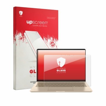 Vorderseite einer Produktverpackung mit dem Markenlogo upscreen. Daneben ist das Gerät Asus Zenbook 14 UX3480 2026 mit dem zug