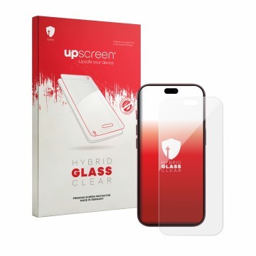 Vorderseite einer Produktverpackung mit dem Markenlogo upscreen. Daneben ist das Gerät Apple iPhone 18 Pro mit dem zugehörigen