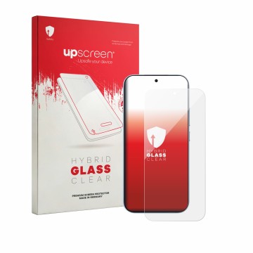 Parte frontal de un envase de producto con el logotipo de la marca upscreen. Al lado se muestra el dispositivo Xiaomi 17T (cas